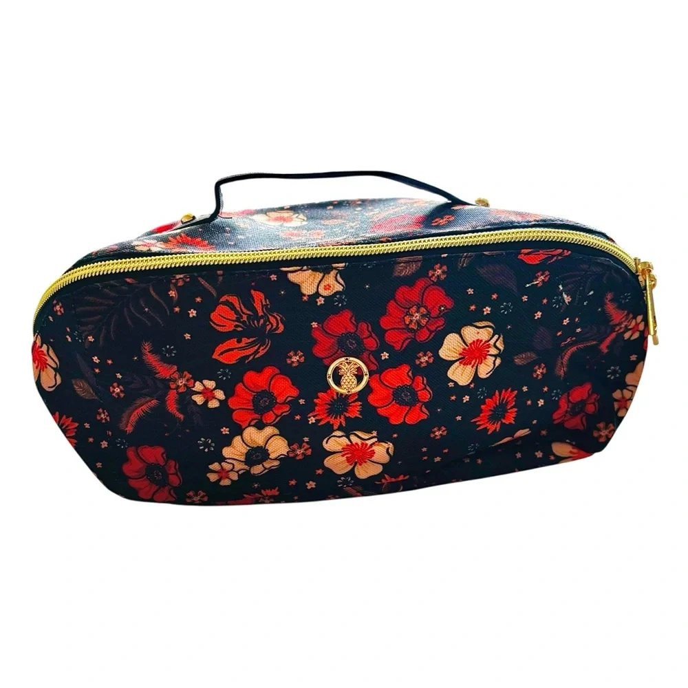 NWOT Simply Southern Black Red Orange Large Floral Cosmetic Bag with Gold Zipper